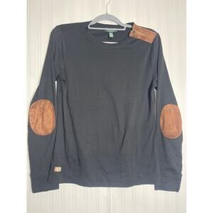 Lauren Jeans RL Suede Elbow Patch Zip Shoulder Top Women's Size Large Black Chic